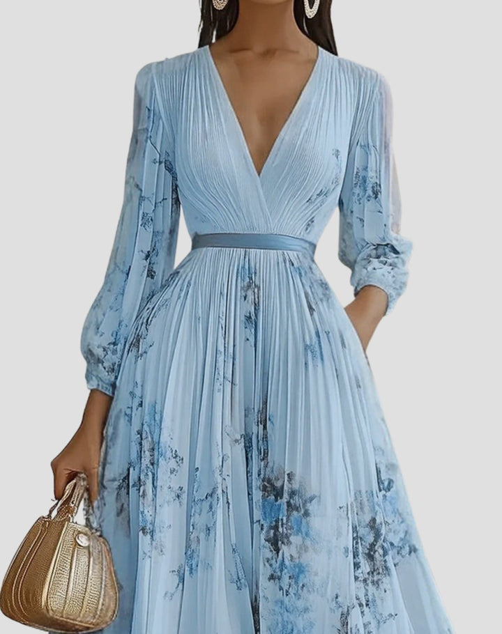 Women's V-Neck Pleated Floral Midi Dress Ribbon Tie Waist - Blue
