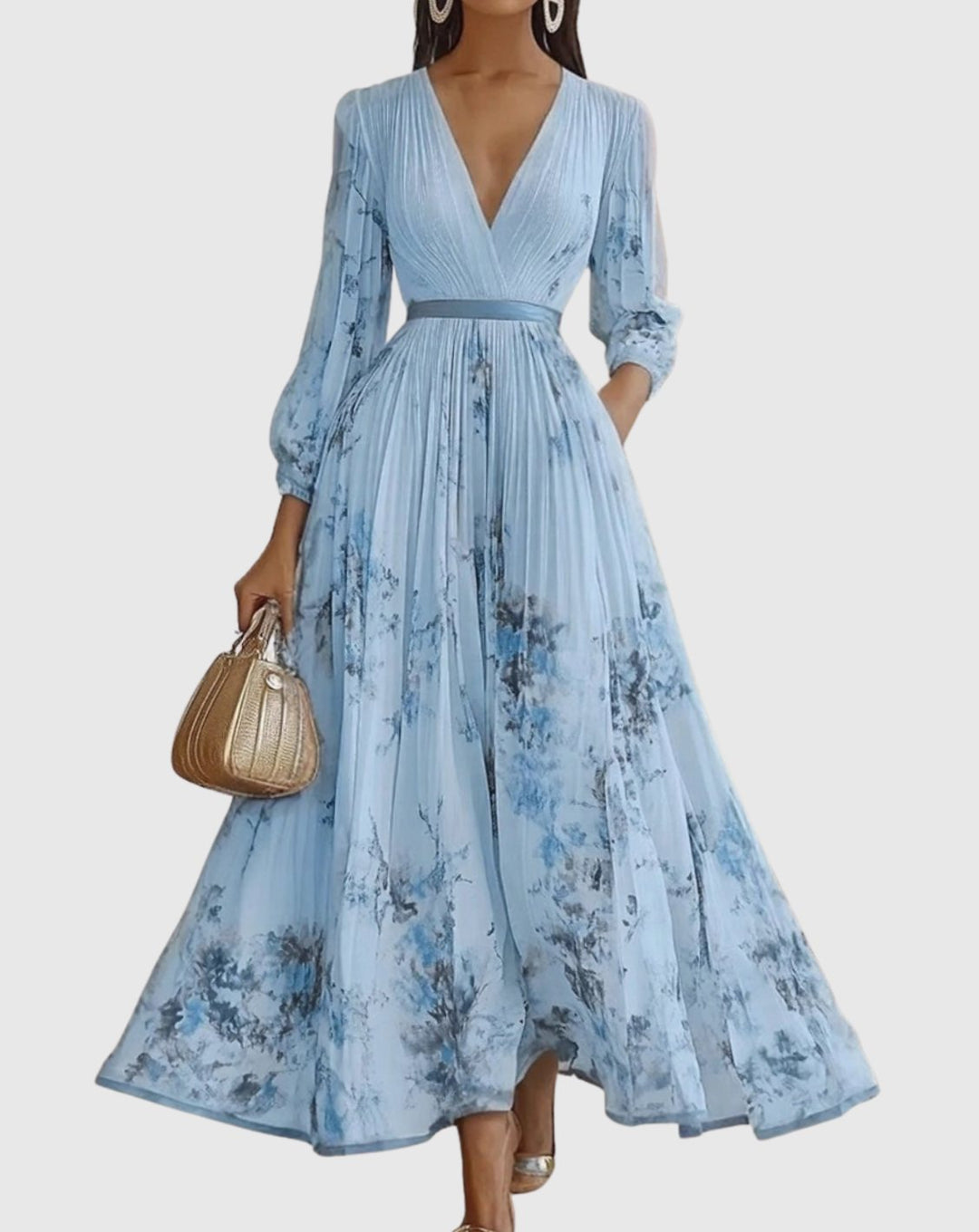 Women's V-Neck Pleated Floral Midi Dress Ribbon Tie Waist