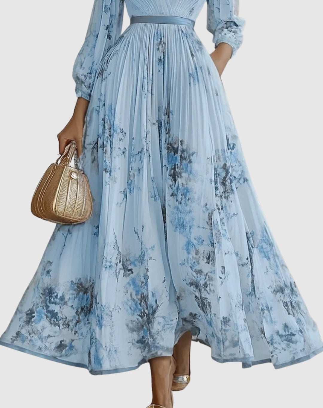 Women's V-Neck Pleated Floral Midi Dress Ribbon Tie Waist