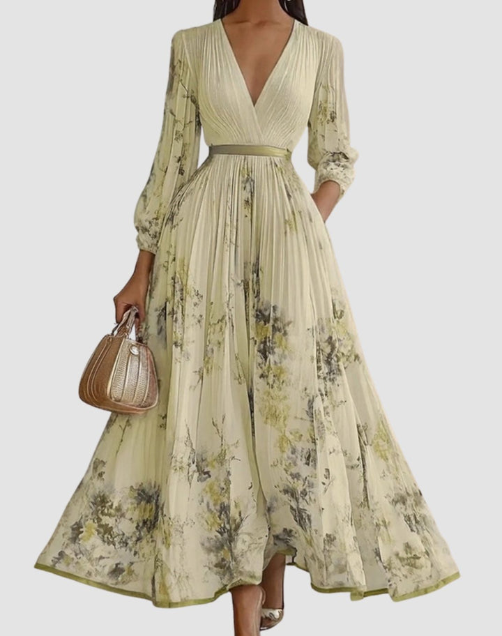Women's V-Neck Pleated Floral Midi Dress Ribbon Tie Waist - Yellow