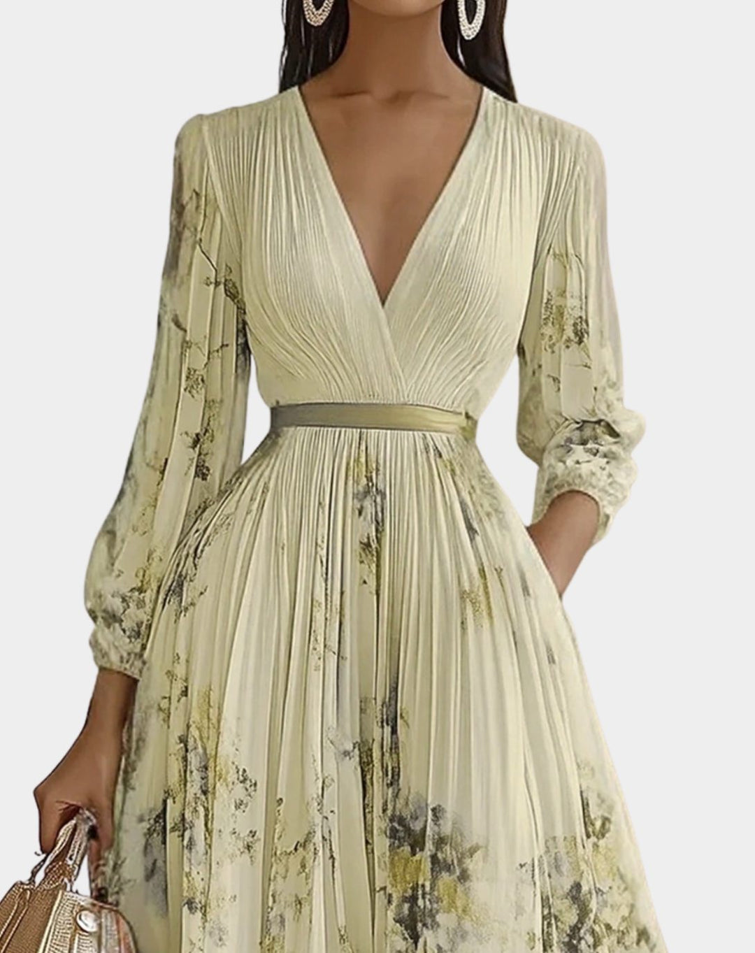 Women's V-Neck Pleated Floral Midi Dress Ribbon Tie Waist