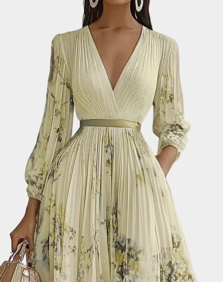 Women's V-Neck Pleated Floral Midi Dress Ribbon Tie Waist