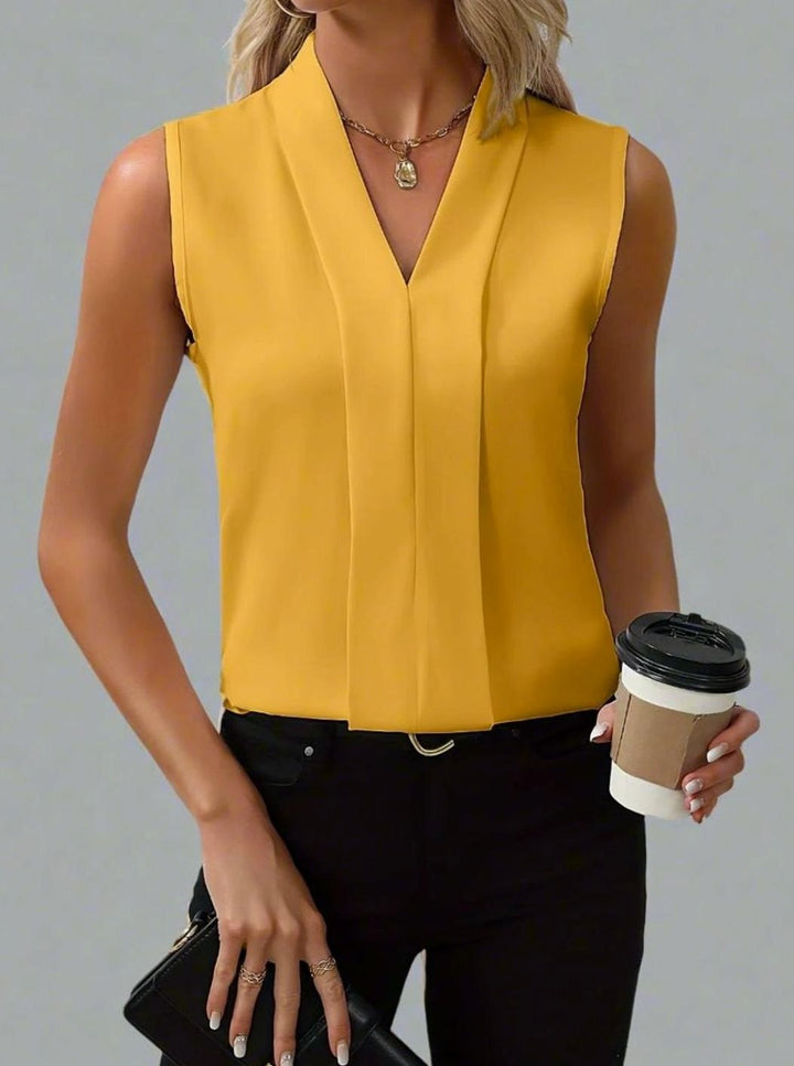 Women's V-Neck Sleeveless Pleated Front Blouse - Yellow