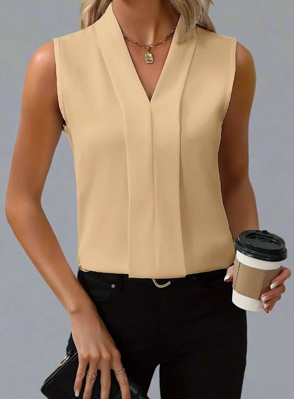 Women's V-Neck Sleeveless Pleated Front Blouse - Apricot