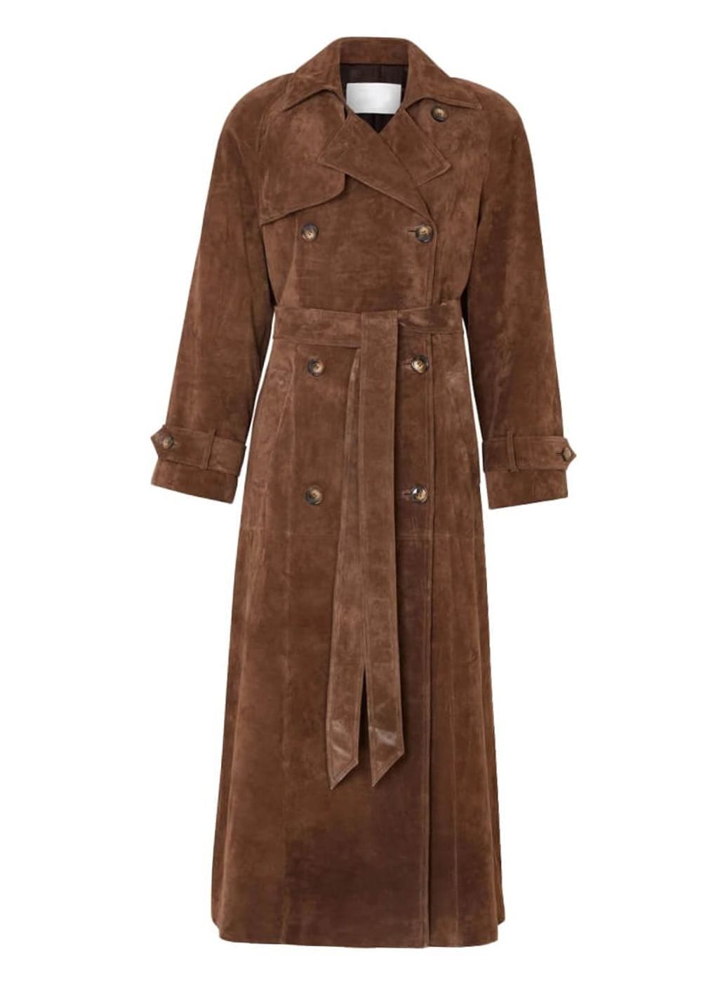 Women's Vegan Suede Double-Breasted Belted Trench Coat, Tan Brown