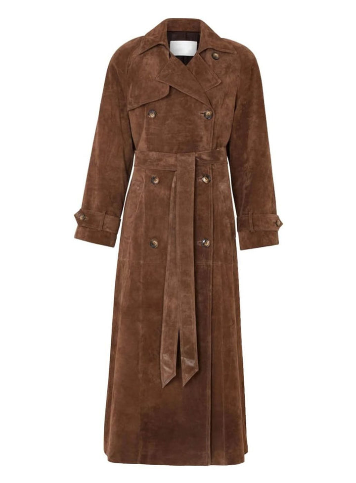 Women's Vegan Suede Double-Breasted Belted Trench Coat, Tan Brown
