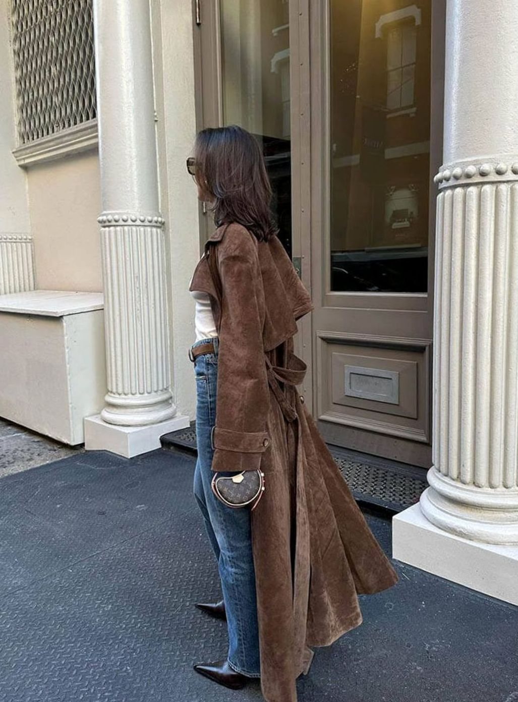 Women's Vegan Suede Double-Breasted Belted Trench Coat, Tan Brown