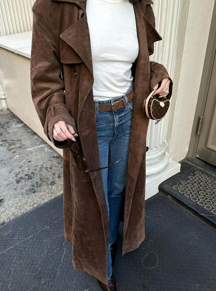 Women's Vegan Suede Double-Breasted Belted Trench Coat, Tan Brown