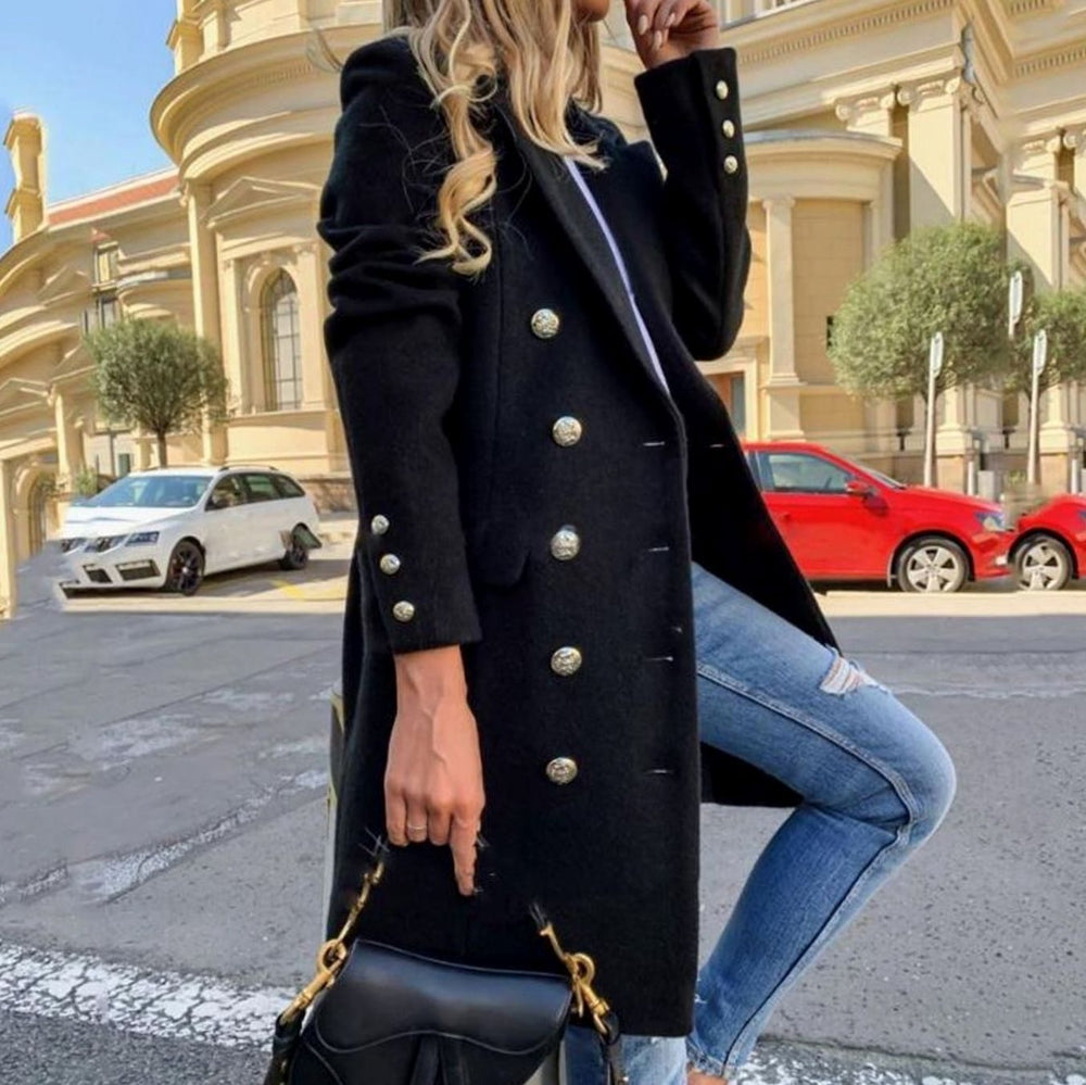 Women's Vintage Double-Breasted Wool-Look Trench Coat - Black