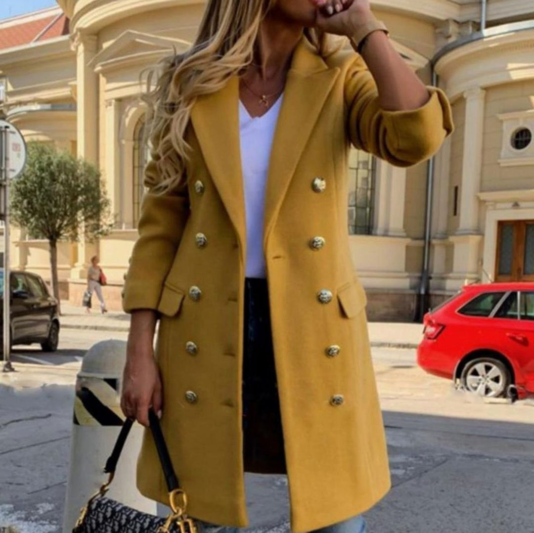 Women's Vintage Double-Breasted Wool-Look Trench Coat - Yellow