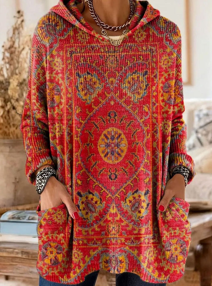 Women's Vintage Ethnic Print Hooded Knitted Jumper Tunic - Red