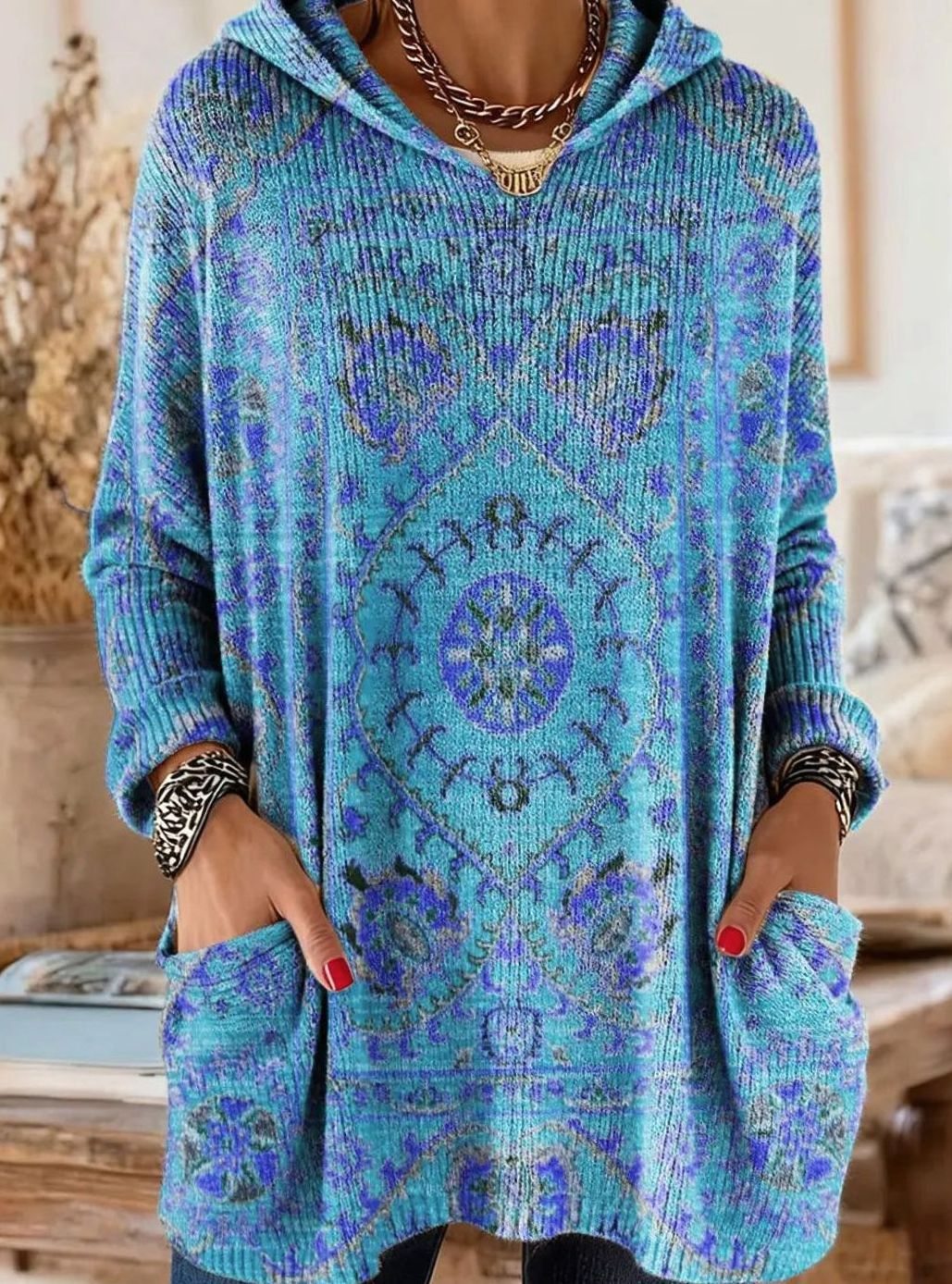 Women's Vintage Ethnic Print Hooded Knitted Jumper Tunic - Light Blue