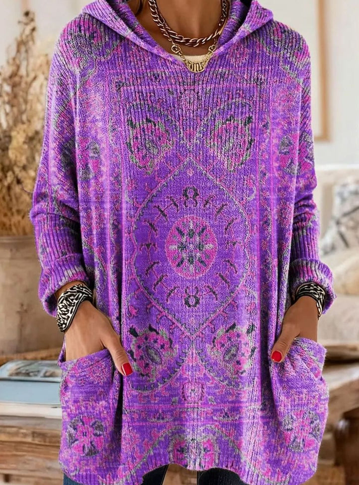 Women's Vintage Ethnic Print Hooded Knitted Jumper Tunic - Lilac