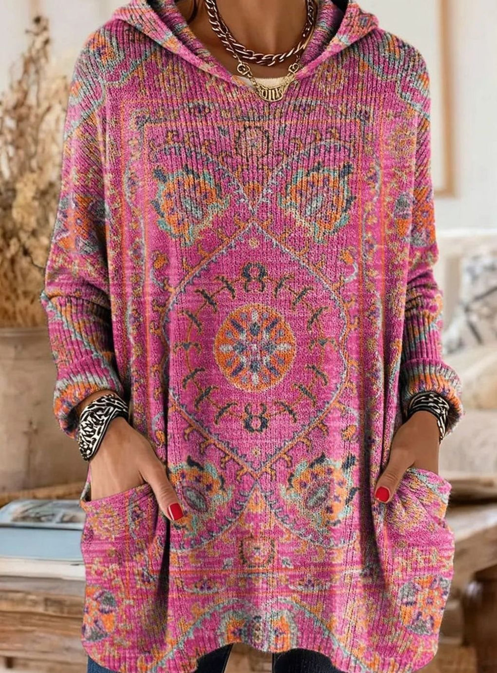 Women's Vintage Ethnic Print Hooded Knitted Jumper Tunic - Pink