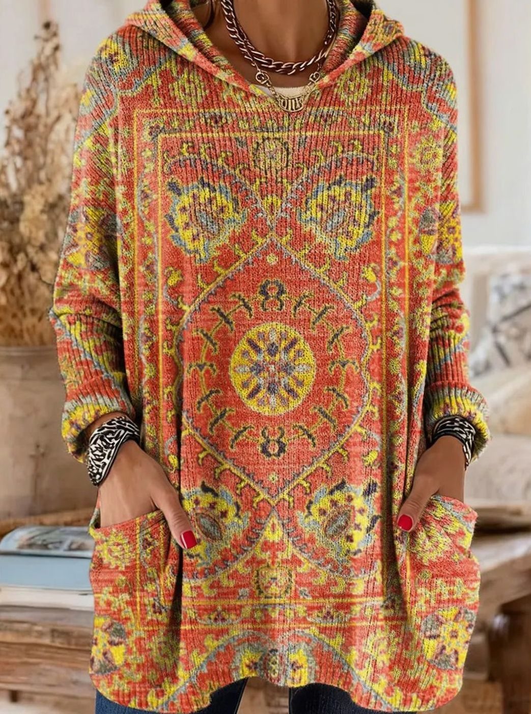 Women's Vintage Ethnic Print Hooded Knitted Jumper Tunic - Orange