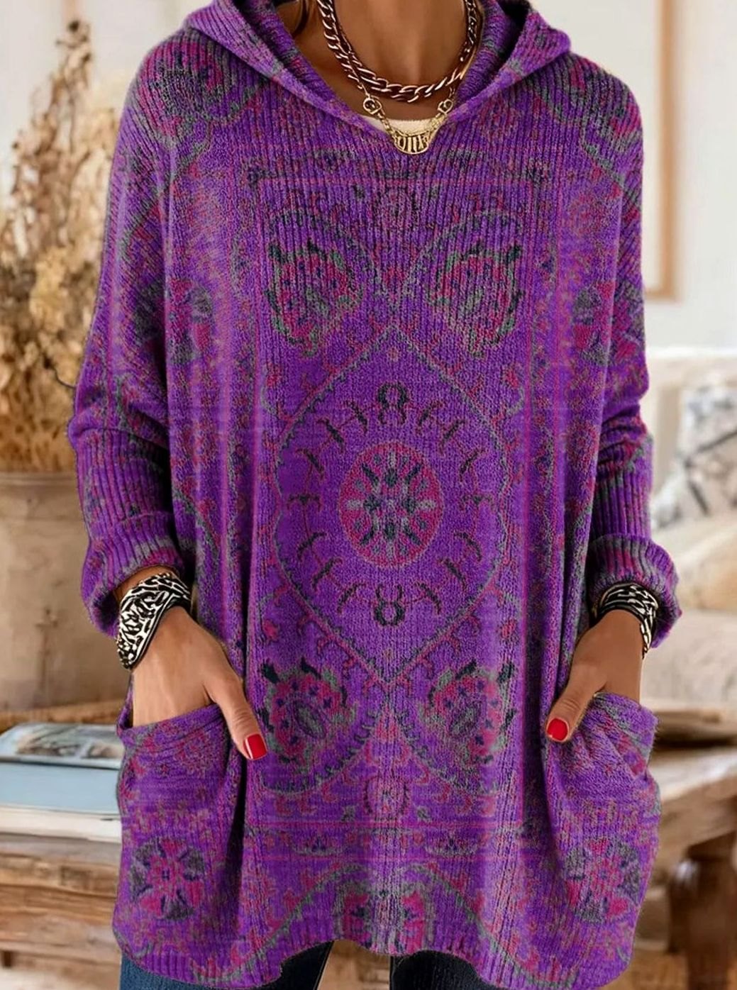 Women's Vintage Ethnic Print Hooded Knitted Jumper Tunic - Purple