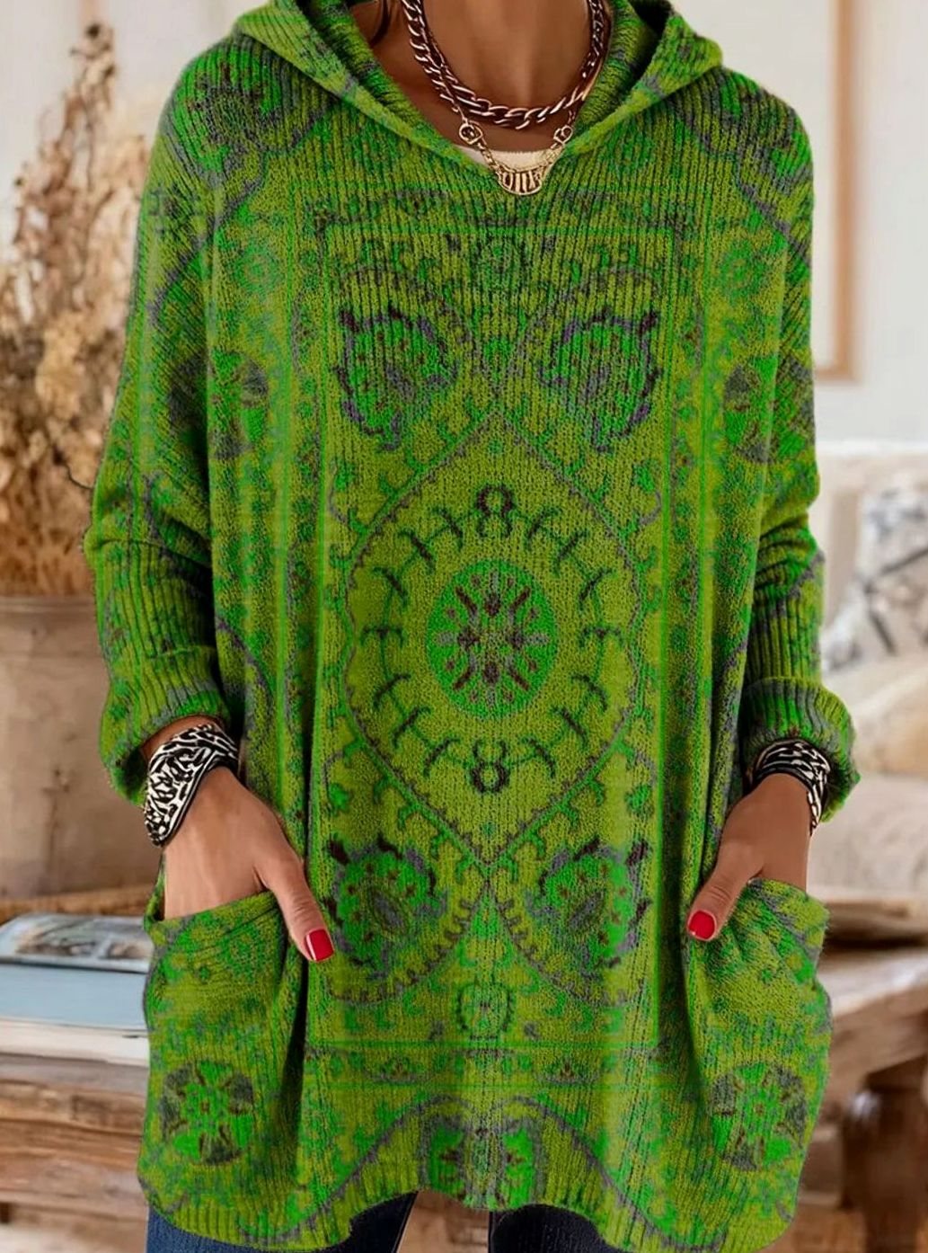 Women's Vintage Ethnic Print Hooded Knitted Jumper Tunic - Green