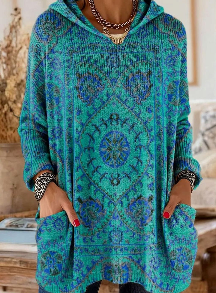 Women's Vintage Ethnic Print Hooded Knitted Jumper Tunic - Blue