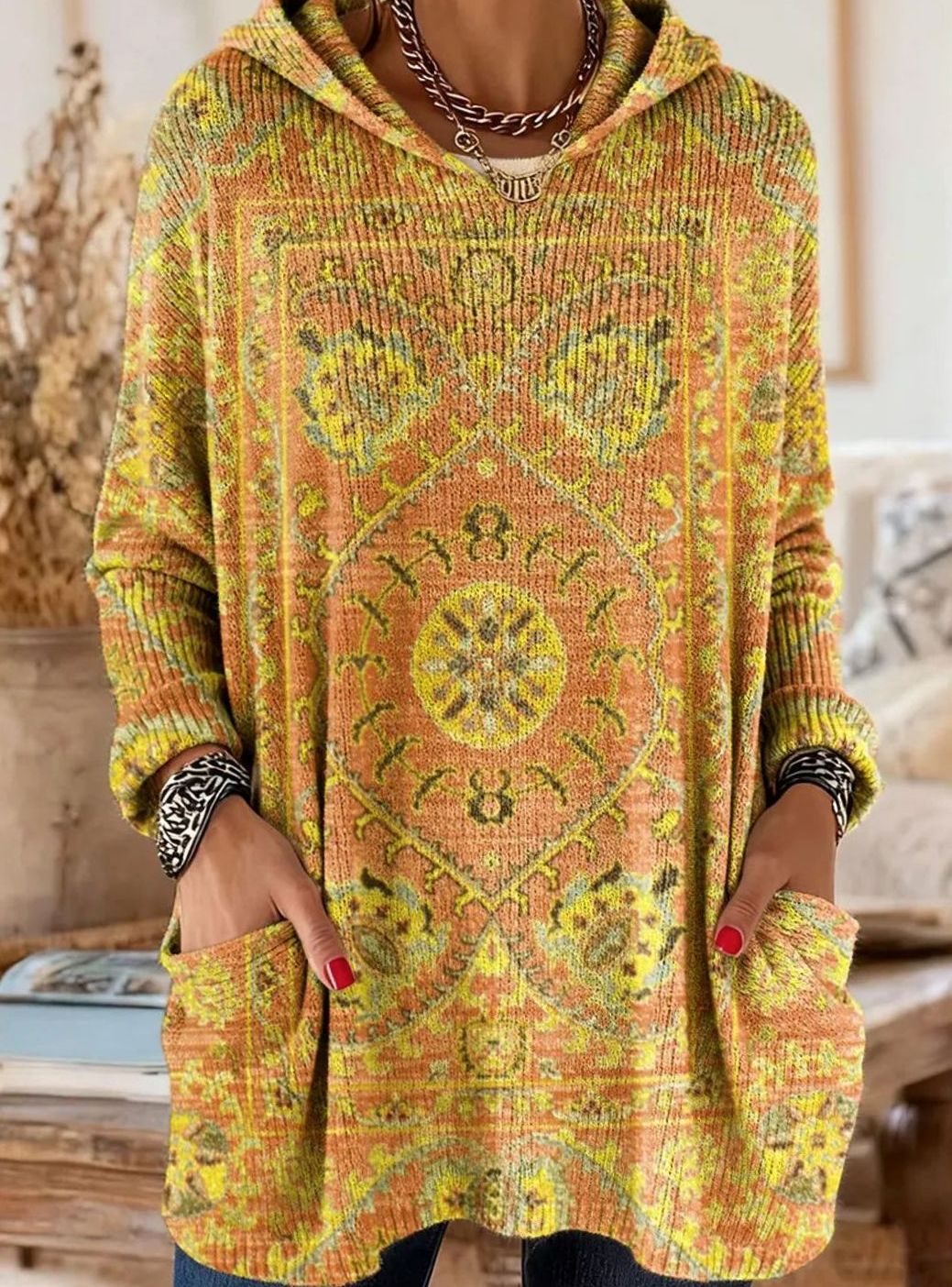 Women's Vintage Ethnic Print Hooded Knitted Jumper Tunic - Yellow