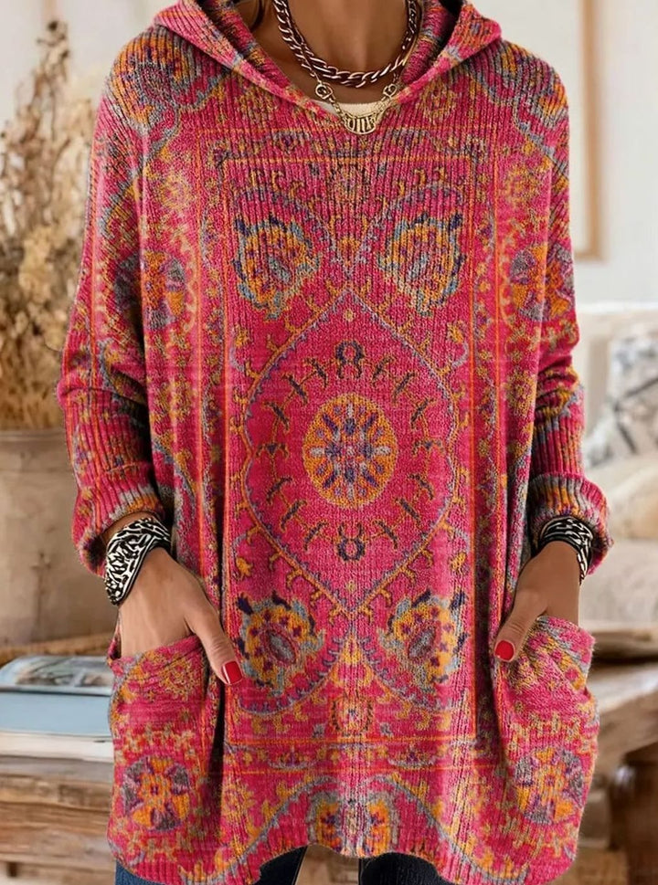 Women's Vintage Ethnic Print Hooded Knitted Jumper Tunic - Rose