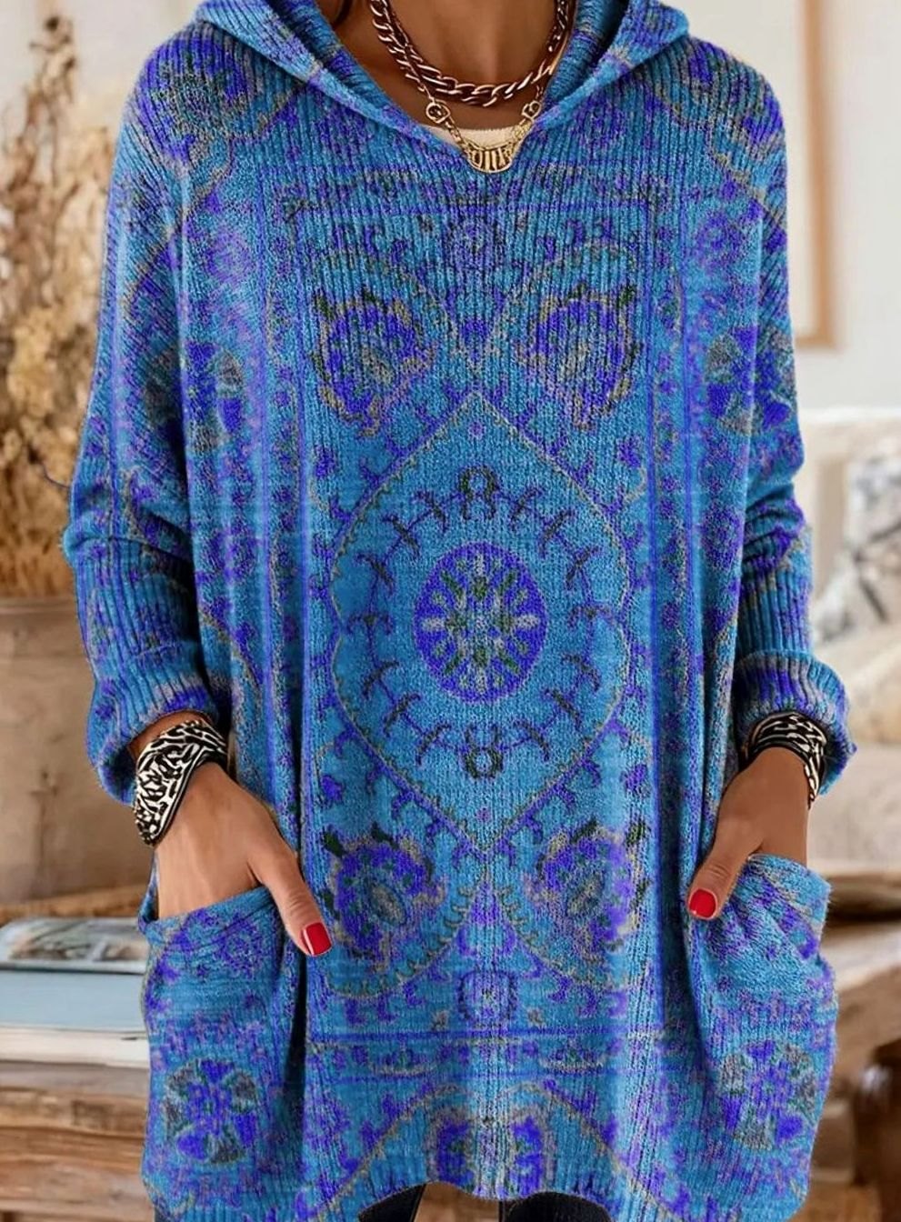 Women's Vintage Ethnic Print Hooded Knitted Jumper Tunic - Navy Blue