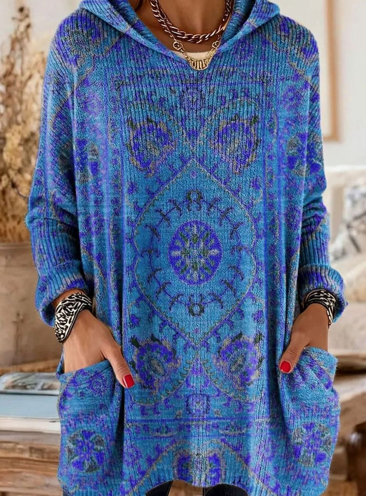 Women's Vintage Ethnic Print Hooded Knitted Jumper Tunic - Navy Blue