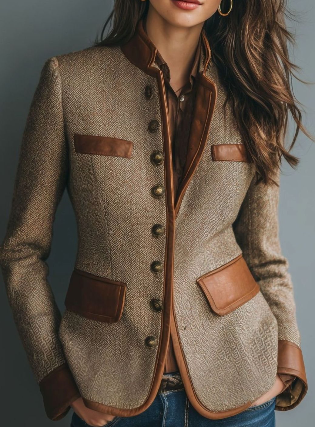 Women's Vintage Herringbone Tweed Leather-Trim Button-Front Blazer - Brown
