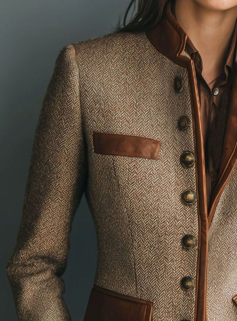 Women's Vintage Herringbone Tweed Leather-Trim Button-Front Blazer