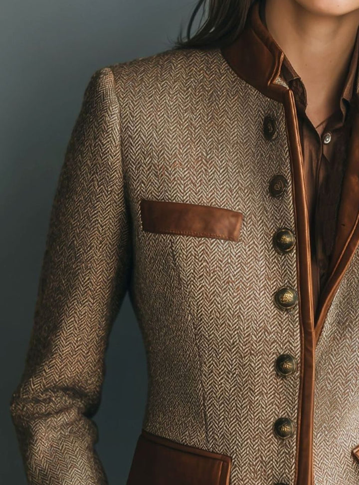 Women's Vintage Herringbone Tweed Leather-Trim Button-Front Blazer
