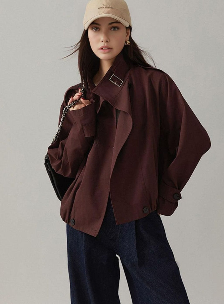 Women's Vintage Loose-Fit Cropped Trench Coat, Burgundy