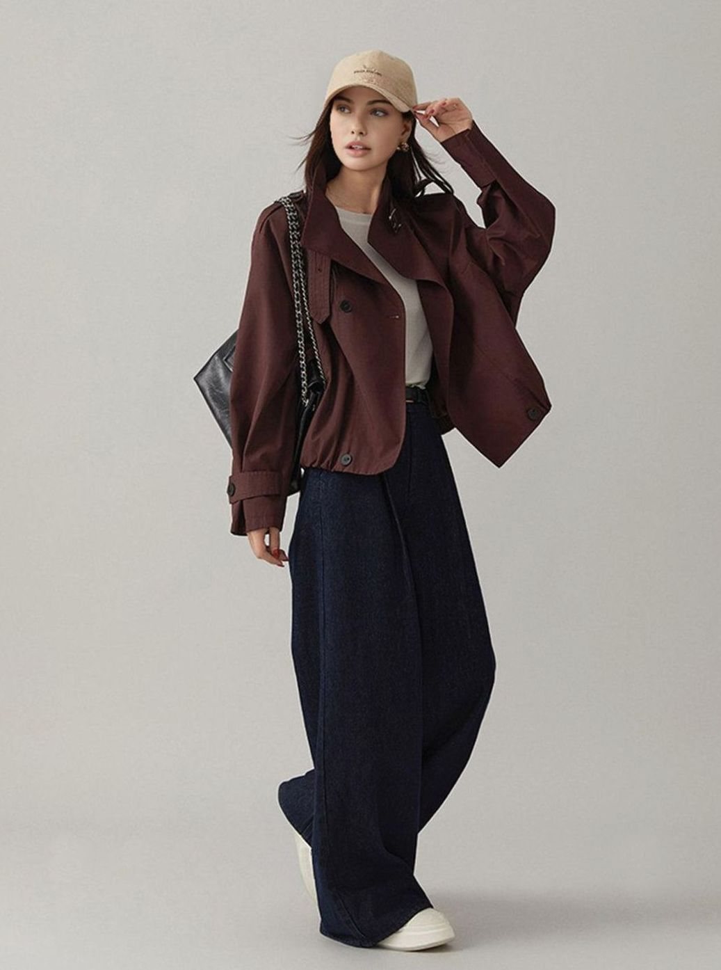 Women's Vintage Loose-Fit Cropped Trench Coat, Burgundy