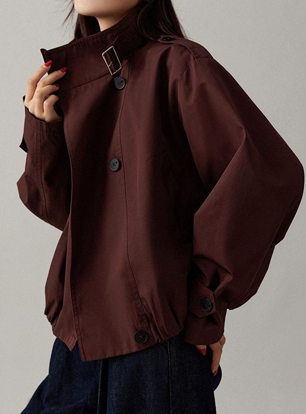 Women's Vintage Loose-Fit Cropped Trench Coat, Burgundy