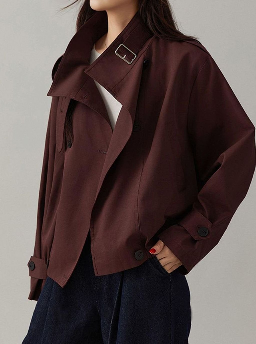 Women's Vintage Loose-Fit Cropped Trench Coat, Burgundy