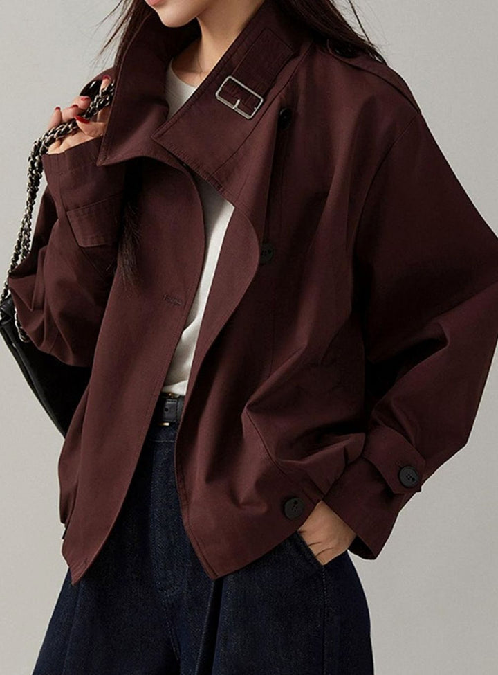 Women's Vintage Loose-Fit Cropped Trench Coat, Burgundy