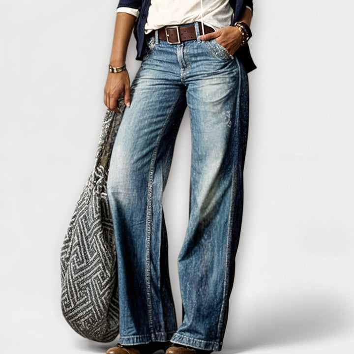 Women's Vintage Wide-Leg Relaxed Fit Flared Denim Jeans - Blue