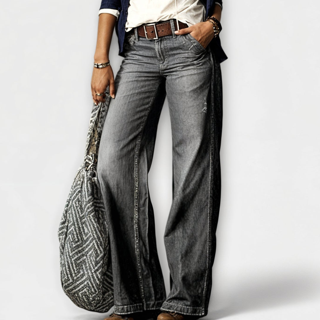 Women's Vintage Wide-Leg Relaxed Fit Flared Denim Jeans - Grey