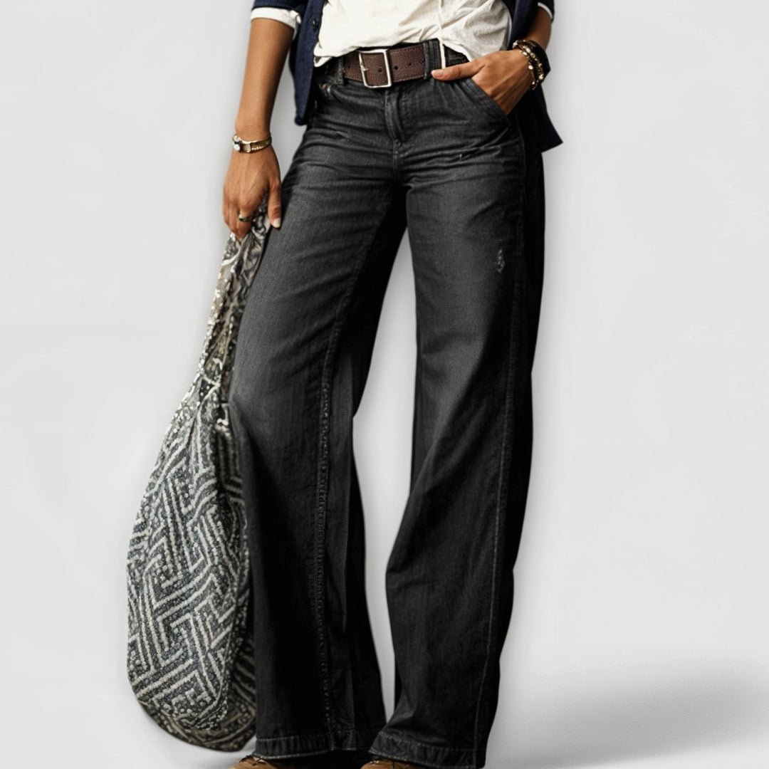 Women's Vintage Wide-Leg Relaxed Fit Flared Denim Jeans - Dark Grey