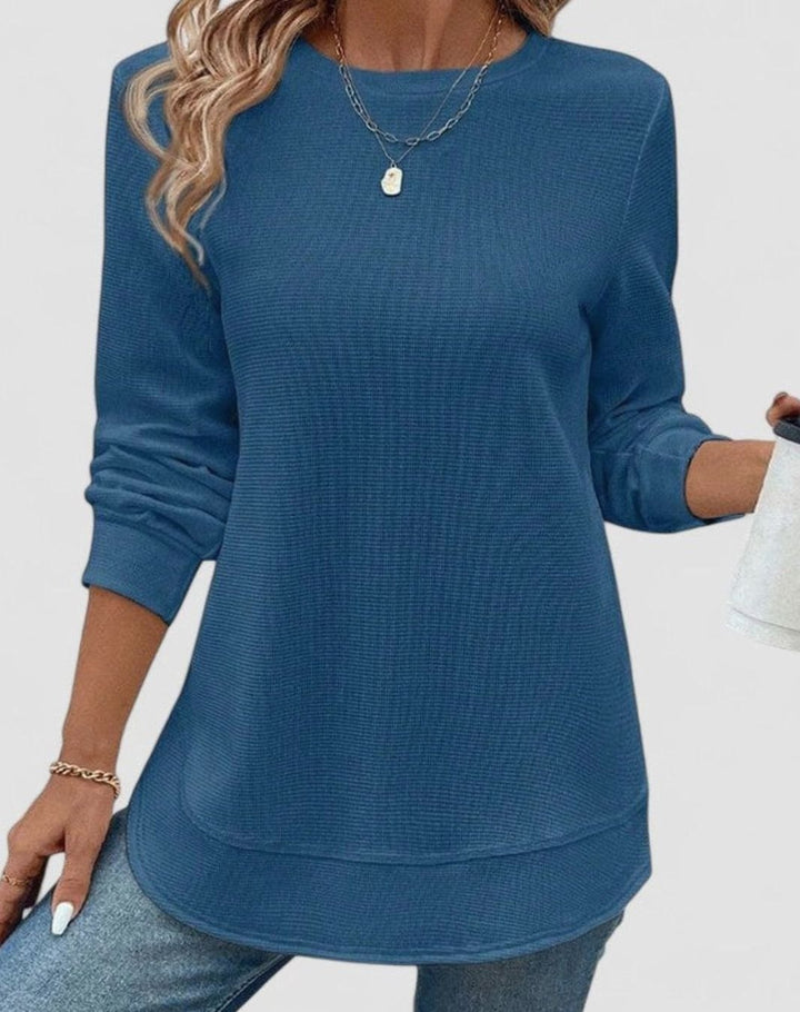 Women's Waffle-Knit Round-Neck Long-Sleeve Relaxed Blouse