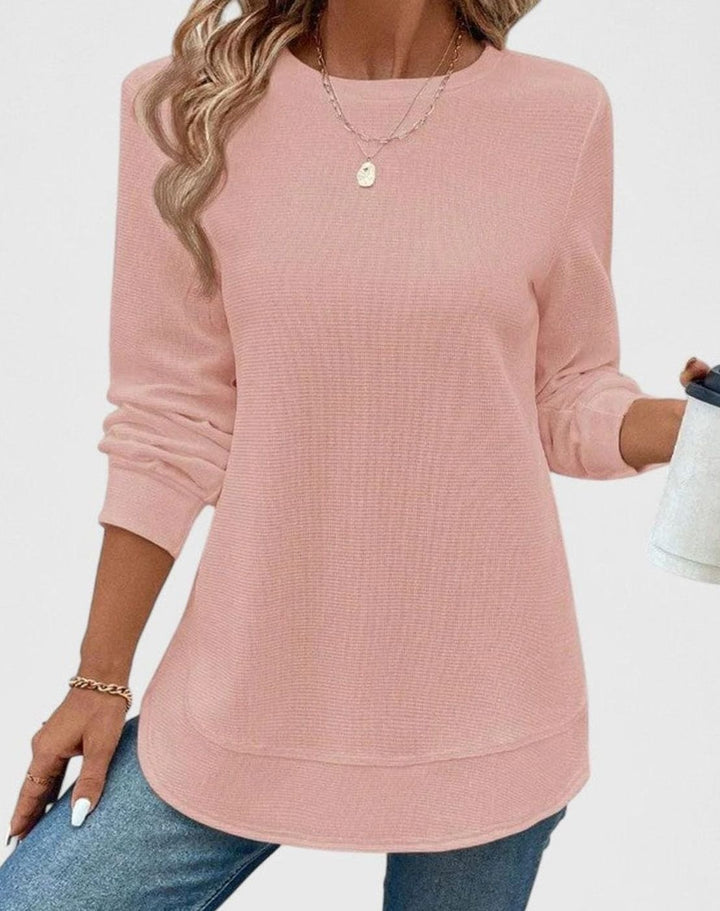 Women's Waffle-Knit Round-Neck Long-Sleeve Relaxed Blouse - Pink