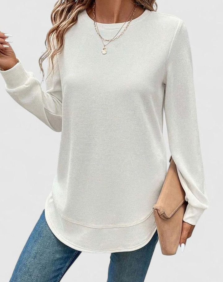 Women's Waffle-Knit Round-Neck Long-Sleeve Relaxed Blouse
