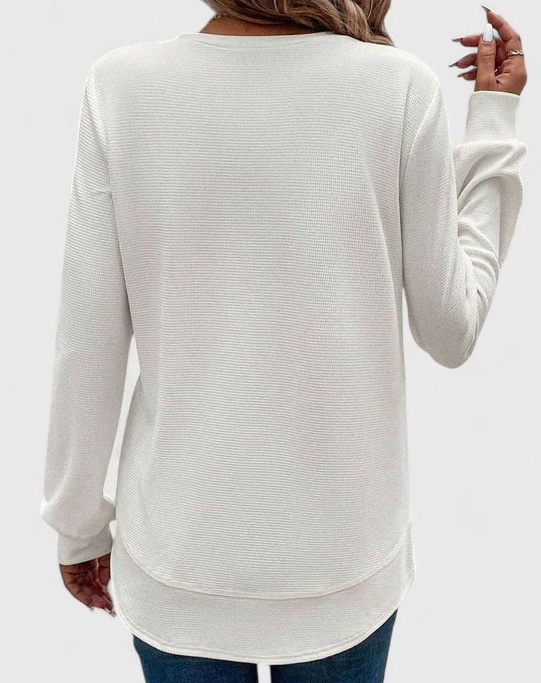 Women's Waffle-Knit Round-Neck Long-Sleeve Relaxed Blouse