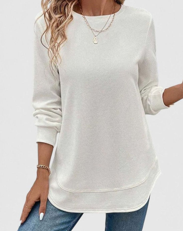 Women's Waffle-Knit Round-Neck Long-Sleeve Relaxed Blouse - White