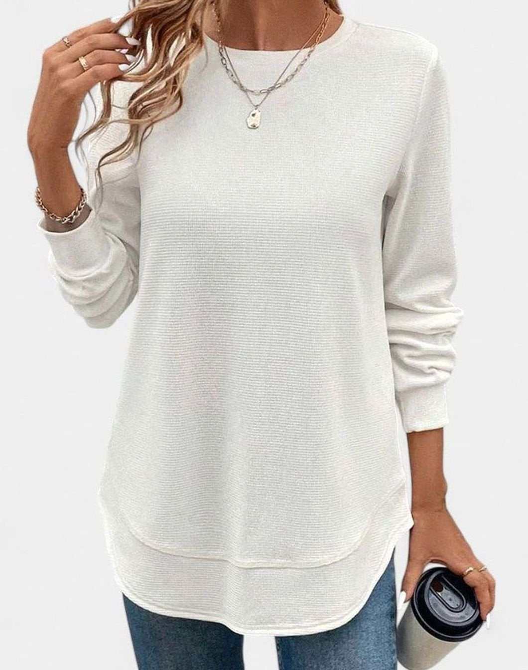 Women's Waffle-Knit Round-Neck Long-Sleeve Relaxed Blouse