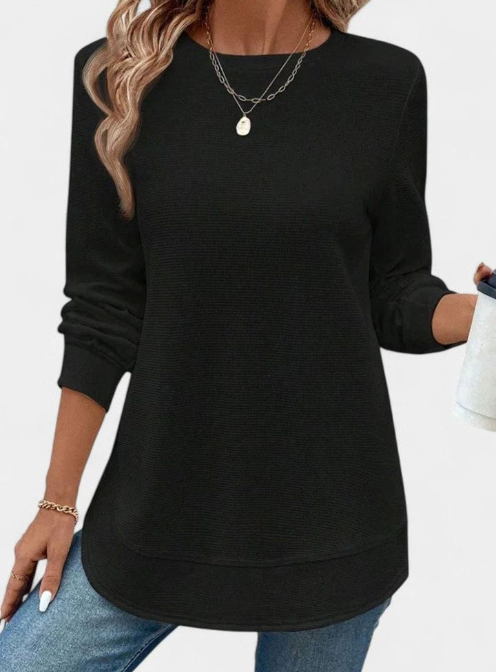Women's Waffle-Knit Round-Neck Long-Sleeve Relaxed Blouse - Black