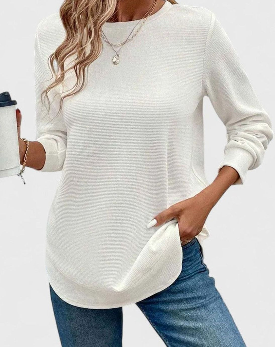 Women's Waffle-Knit Round-Neck Long-Sleeve Relaxed Blouse