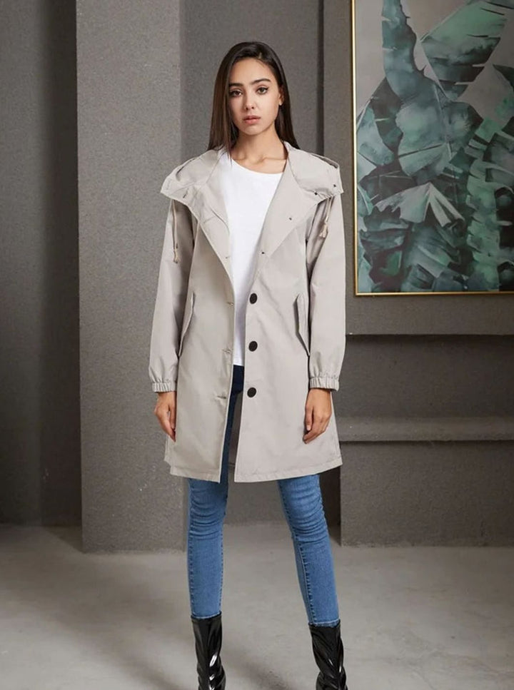 Women's Water-Repellent Hooded Longline Trench Coat, Stone