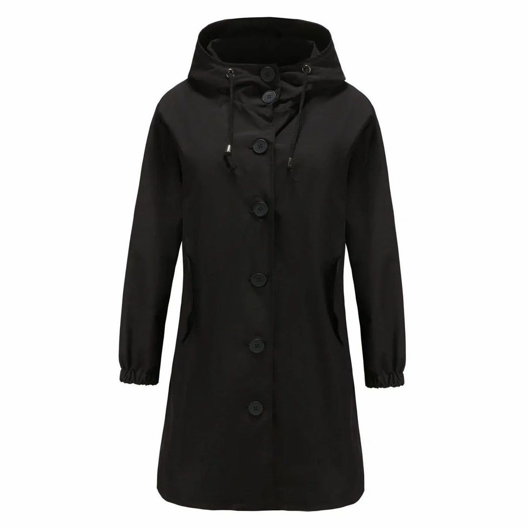 Women's Water-Repellent Hooded Longline Trench Coat, Stone - Black