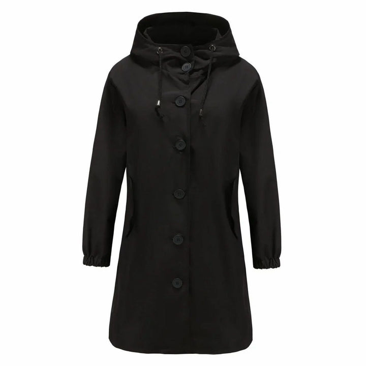 Women's Water-Repellent Hooded Longline Trench Coat, Stone - Black