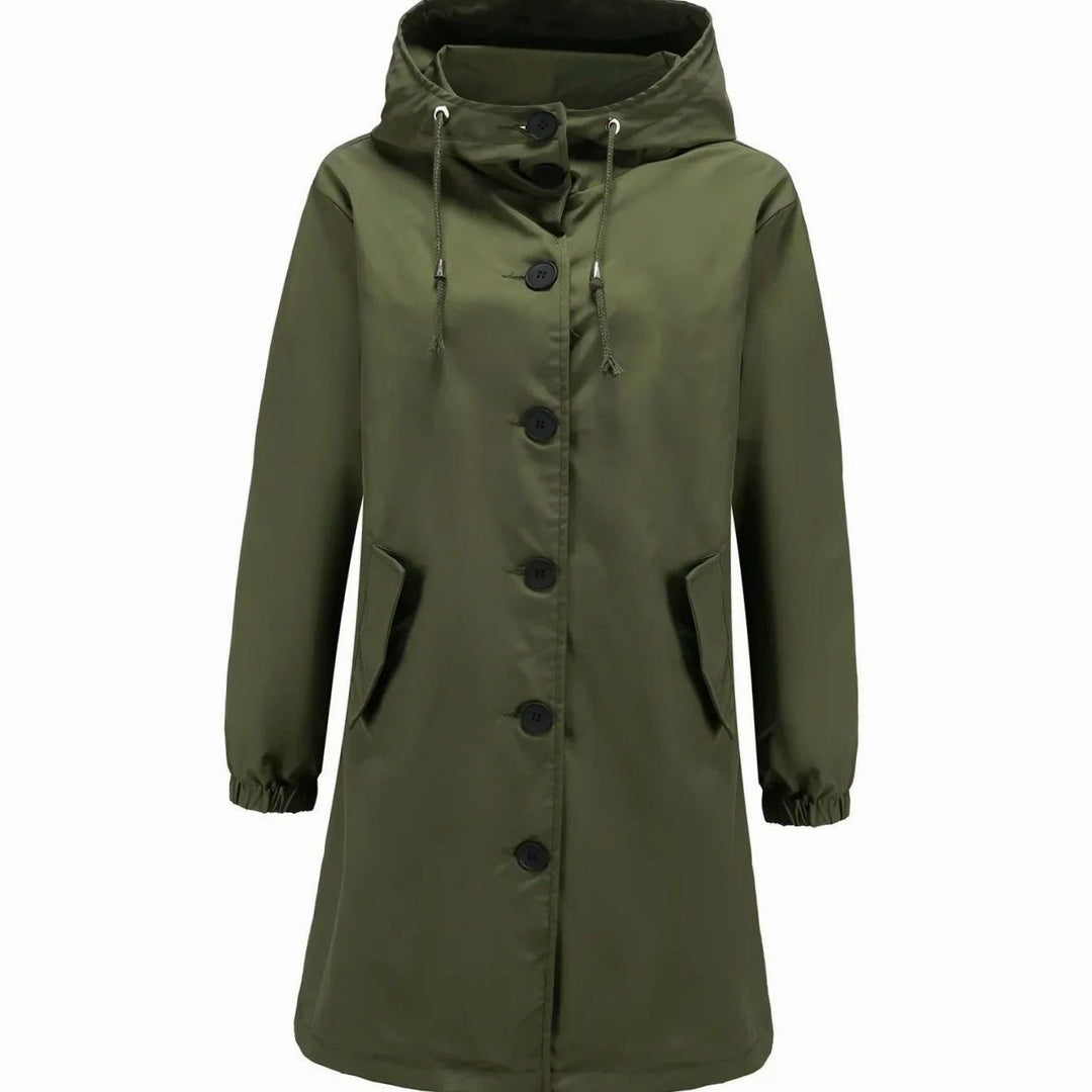 Women's Water-Repellent Hooded Longline Trench Coat, Stone - Olive Green