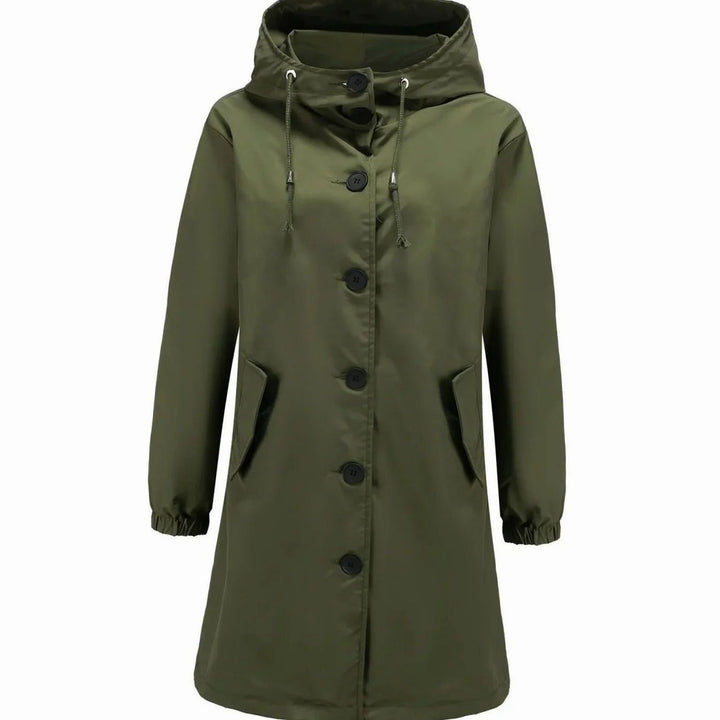 Women's Water-Repellent Hooded Longline Trench Coat, Stone - Olive Green